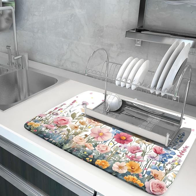 Colorful Flower Dish Drying Mat 18x24 Inch Botanical Floral Drainer Rack Mats - Image 5