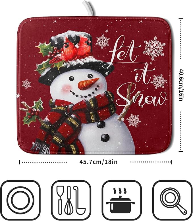 Christmas Dish Drying Mat for Kitchen Counter Snowman Let It Snow Microfiber - Image 2