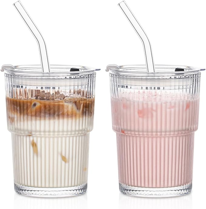 13oz Glass Tumblers with Lids and Straws, Cold Beverages, Includes Cleaning by SoulTimes