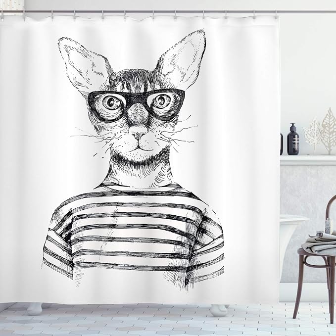 Ambesonne Cat Shower Curtain, Hand Drawn Dressed up Hipster New Age Cat Fashion by Ambesonne