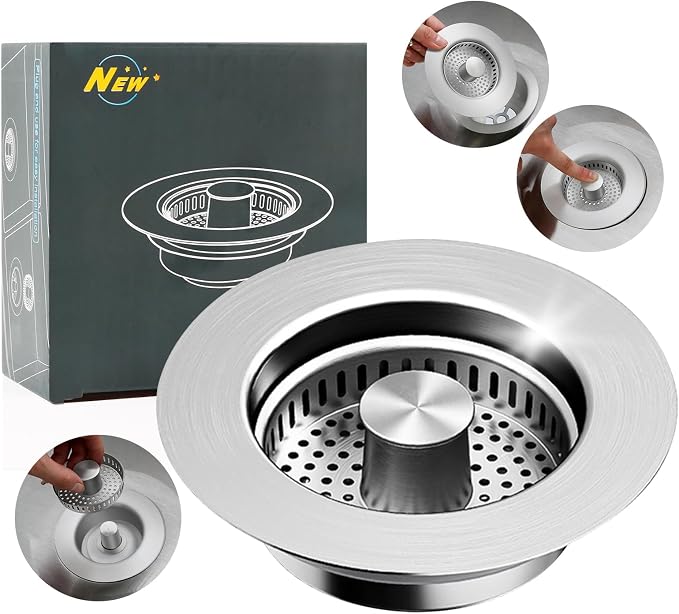 Kitchen Sink Drain Strainer, Stainless Steel 3-in-1 Pop-up Sink Stopper by ZCQGAH