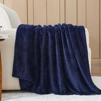 NEWCOSPLAY Super Soft Throw Blanket Dark Navy Premium Silky Flannel Fleece Leaves Pattern Lightweight Bed Blanket All Season Use (Dark Navy, Throw(50"x60"))