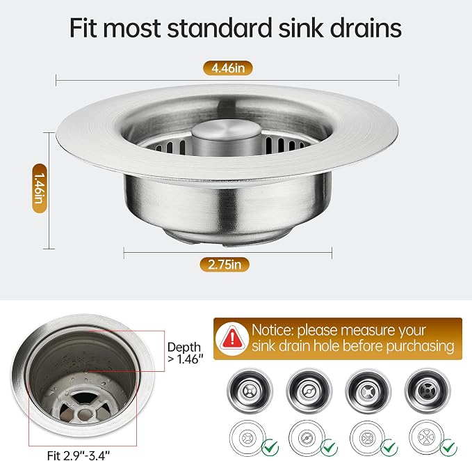 YYKBZ 3 in 1 Kitchen Sink Drain Strainer, Stainless Steel Sink Stopper - Image 4