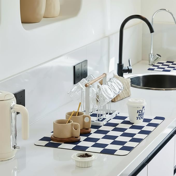 Checkered Dish Drying Mat for Kitchen Counter, Coffee Bar Station Accessories by Ohocut