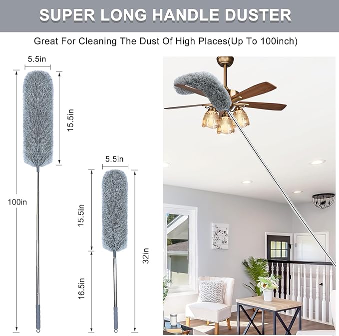 Microfiber Feather Duster with Extendable Pole, 100-inch Extra-Long Dusters - Image 2