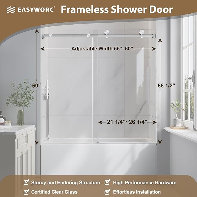 Bathtub Shower Door Frameless, 55-60" W x 60" H Sliding Tub Shower Door - Image 4