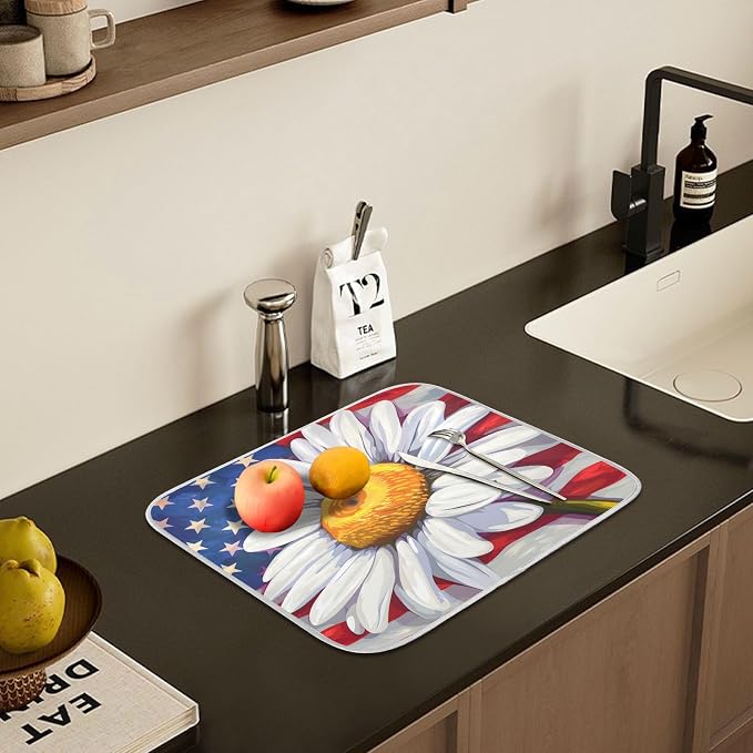 Daisy Flowers and American Flag Dish Drying Mat - Image 6