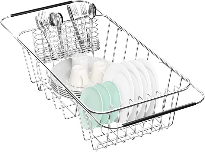 Small Dish Drainer Rack in Sink Adjustable, Expandable Stainless Steel Metal by Fanbsy