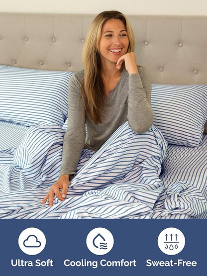 Extra Deep Full Fitted Sheet - Hotel Luxury Single Fitted Sheet Only - Easily Fits 18 inch to 24 inch Mattress - Ultra Soft, Wrinkle Free with Extra Deep Pockets - Breathable & Comfy - Blue Stripes