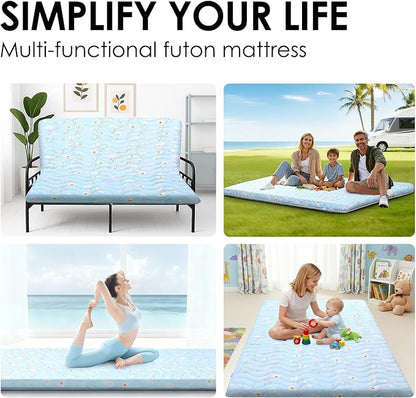 Japanese Floor Mattress, 3.5" Thicken Floral Pattern Portable Futon Mattress, 100% High-Density Foam Tatami Mat Sleeping Pad for Camping Guest Room Dormitory RV, Light Blue, Twin