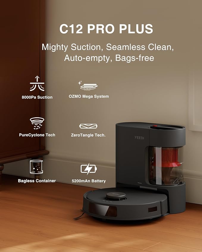 Yeedi C12 PRO Plus Robot Vacuum and Mop, 8000Pa Strong Suction, Vibrating - Image 3