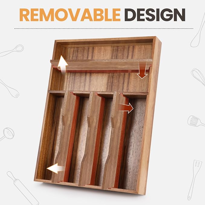 Acacia Wood Silverware Drawer Organizer, 12 Inch Adjustable Cutlery Tray - Image 3