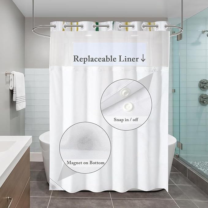 No Hook Shower Curtain with Snap in Liner, Hotel Style Dark Green White Gold - Image 4