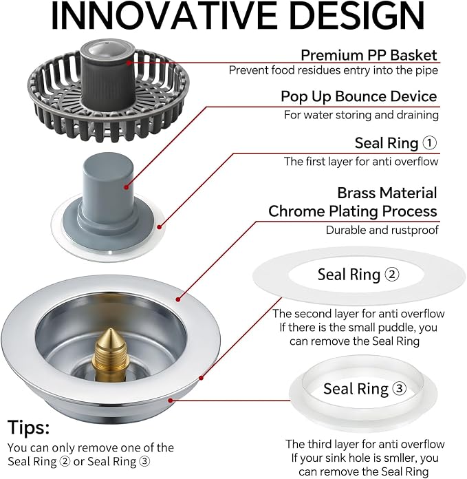 Kitchen Sink Stopper, 3 in 1 Pop Up Kitchen Sink Drain Strainer, - Image 7