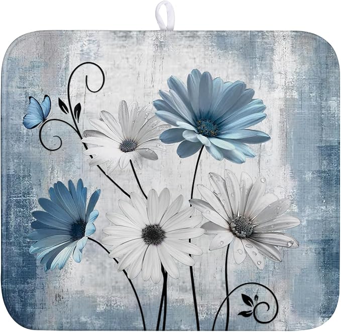 Dish Drying Mat for Kitchen Counter 16x18 Inch Blue Grey Daisy Drying Pads by Wnoesat