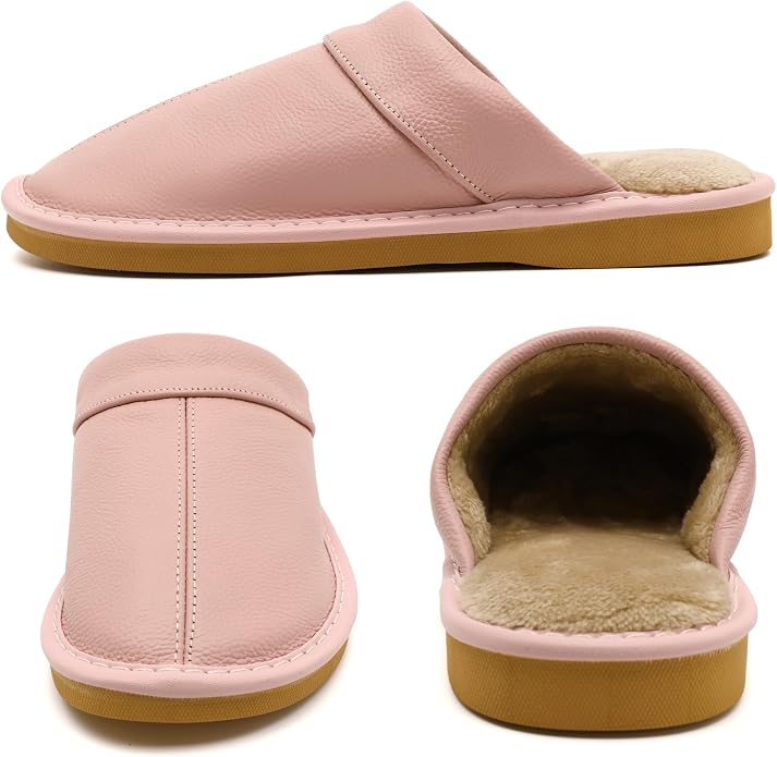 Slippers for Women Men, Genuine Leather Slippers Indoor Outdoor, Fuzzy Bedroom - Image 3