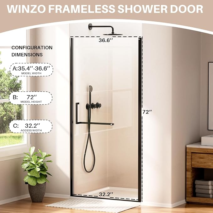 WinZo 35-36" W ×72" H Frameless Pivot Shower Door, Pivot Swing Shower Glass - Image 6