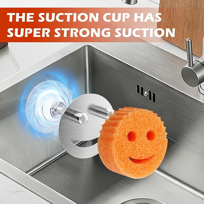 Stainless Steel Smiley Face Sponge Daddy Holder, Brushed Silver Sink Caddy - Image 2
