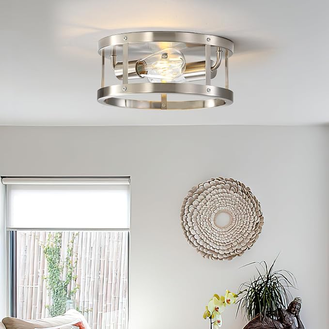 2-Light Industrial Flush Mount Ceiling Light Fixture, Brushed Nickel Farmhouse - Image 7