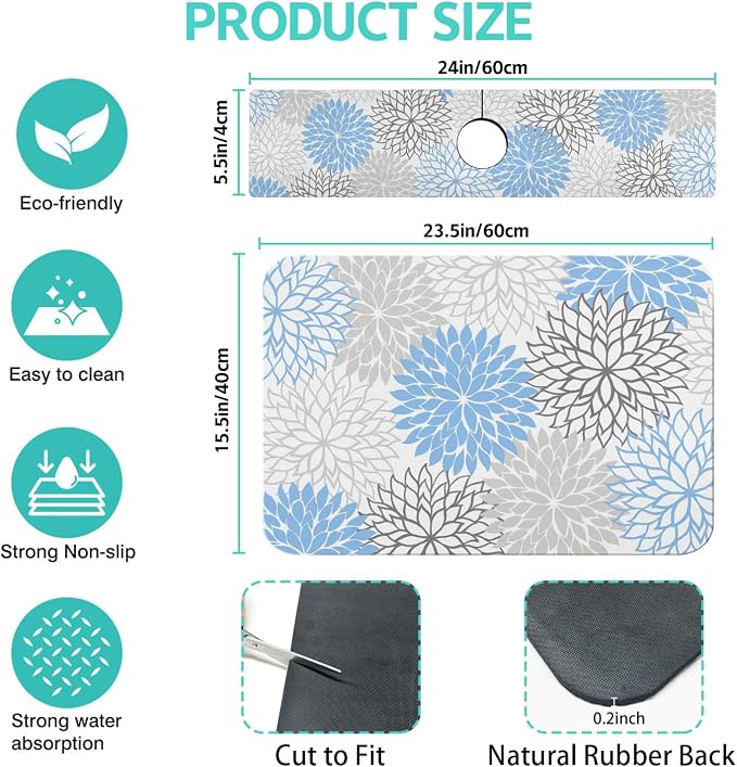 Dish Drying Mat for Kitchen Counter Matt, Super Absorbent Non-slip Rubber Backed - Image 2