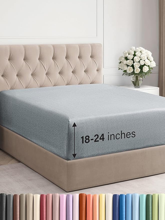 Extra Deep Queen Fitted Sheet - Hotel Luxury Single Fitted Sheet Only - Easily Fits 18 inch to 24 inch Mattress - Ultra Soft, Wrinkle Free w/Extra Deep Pockets - Breathable & Comfy - Heathered Blue