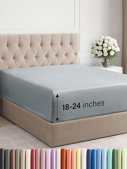 Extra Deep Queen Fitted Sheet - Hotel Luxury Single Fitted Sheet Only - Easily Fits 18 inch to 24 inch Mattress - Ultra Soft, Wrinkle Free w/Extra Deep Pockets - Breathable & Comfy - Heathered Blue