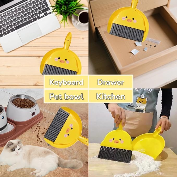 2 PCS Mini Brush and Dustpan Set Plastic Small Yellow Chick Pattern Broom Used - Image 2