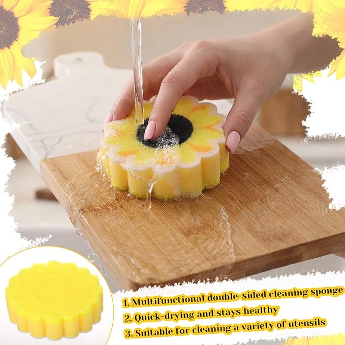Tioncy 12 Pack Sunflower Kitchen Sponges Bulk Dual Sided Scrubber Yellow - Image 6