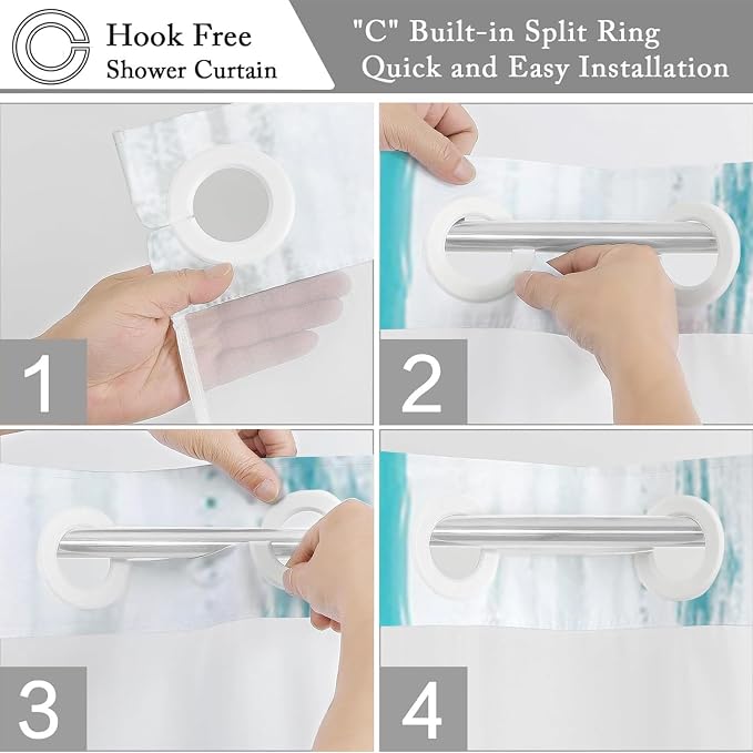 No Hook Shower Curtain with Snap in Liner, Hotel Style Teal Blue White Gold - Image 5