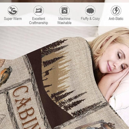 Rustic Cabin Bear Blanket, Lake Country Lodge Bear Deer Forest Farmhouse Camp Print Soft Warm Cozy Lightweight Decorative Blanket for Couch Bed Sofa Travel, 50"x60"