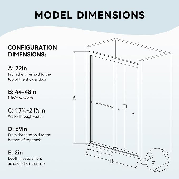 44-48" W x 72" H Bathroom Double Sliding Shower Door, Semi-Frameless Shower - Image 2