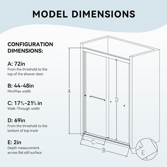 44-48" W x 72" H Bathroom Double Sliding Shower Door, Semi-Frameless Shower - Image 2