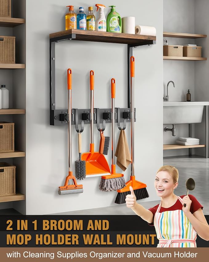 Broom Holder Wall Mount with Top Wooden Shelf, Heavy Duty Metal Cleaning - Image 4