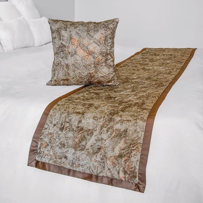 The HomeCentric King/Queen/Twin Copper Designer King 90"x18" Bed Runner with 2 Pillow Cover, Beaded & Foil Bed Scarf on Silk Fabric - Aranka