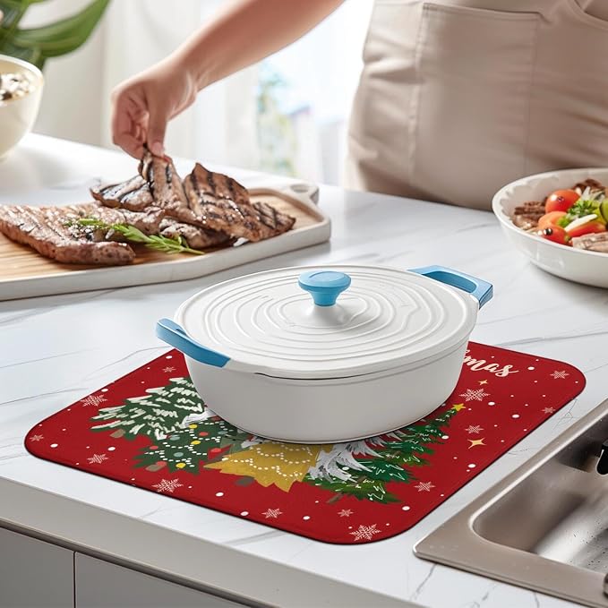 Christmas Kitchen Countertop Dish Drying Mat, Washable Absorbent Countertop - Image 4
