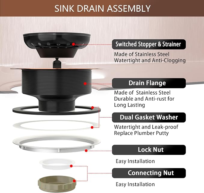 Kitchen Sink Drain Copper 3-1/2 Inch Stainless Steel Kitchen Drain Strainer - Image 9