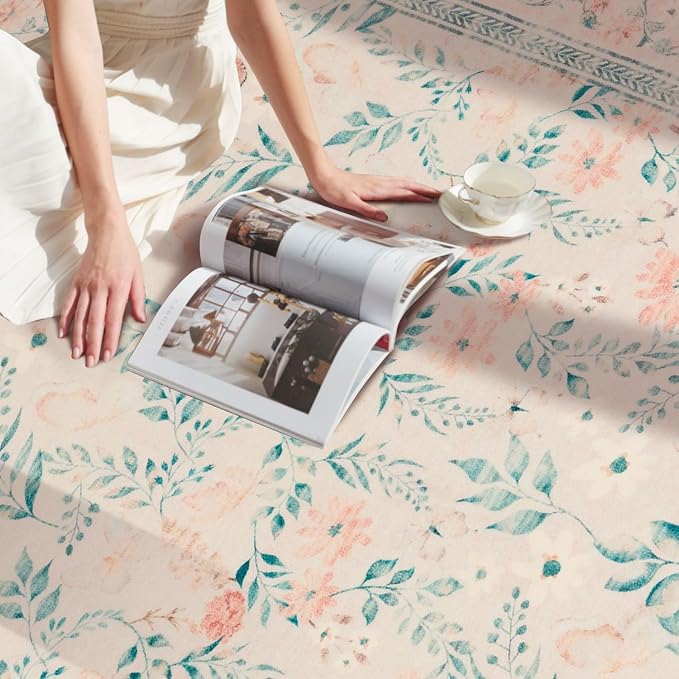 Floral Entryway Rug, 3x5 Washable Area Rug, Non Slip Low Pile Small Carpet - Image 3