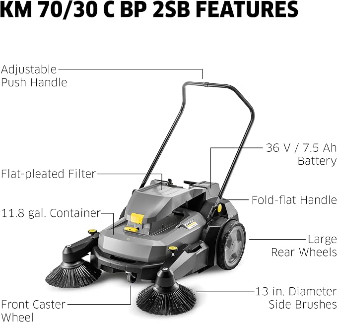 Kärcher Pro Walk Behind Outdoor Push Sweeper, KM 70/30 C Bp 2SB, Battery Powered - Image 2