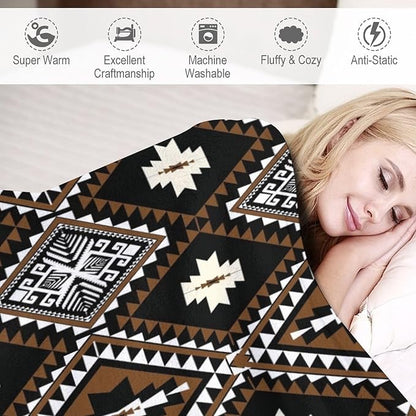 Rustic Western Throw Blanket, Southwestern Bohemian Ethnic Style Native Aztec Pattern Flannel Blanket for Sofa Bed, All Seasons 30"x40"
