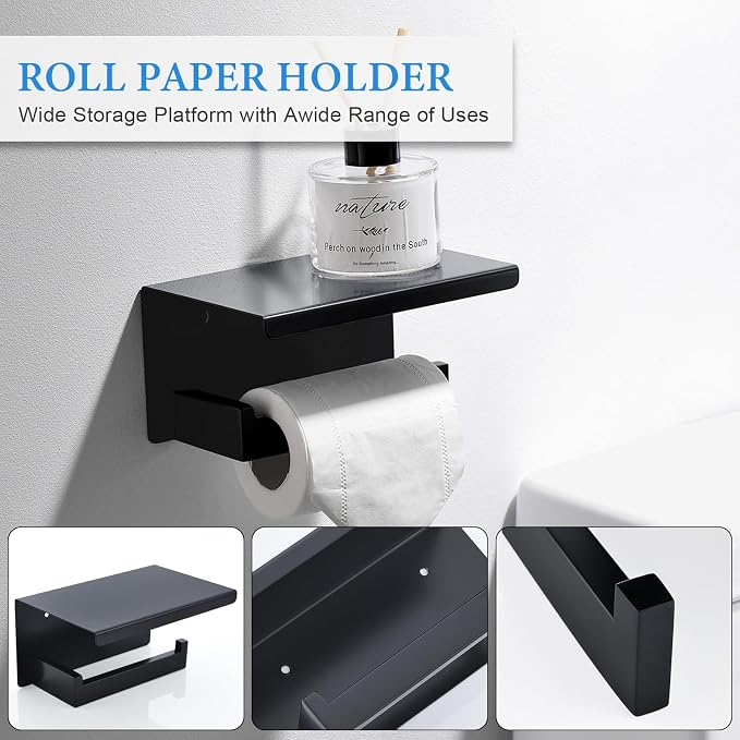 TNOMS 6-Piece Black Bathroom Hardware Set 23.6 Inch Towel Bar Set Double Towel - Image 4