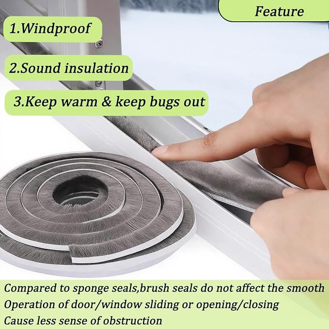 Strong Adhesive Brush Weather Stripping, 0.9in Thick x 0.4in x 66FT, Winter - Image 7