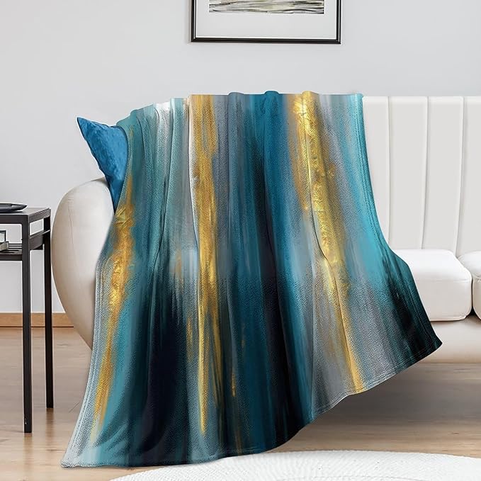 Fashion Gradient Blanket, Modern Abstract Art Gold Lake Blue Painting Strokes Pattern Soft Warm Cozy Plush Flannel Covers for Livingroom Bedroom Couch Chair Camping Travel Home Decor Tapestry 40x50in
