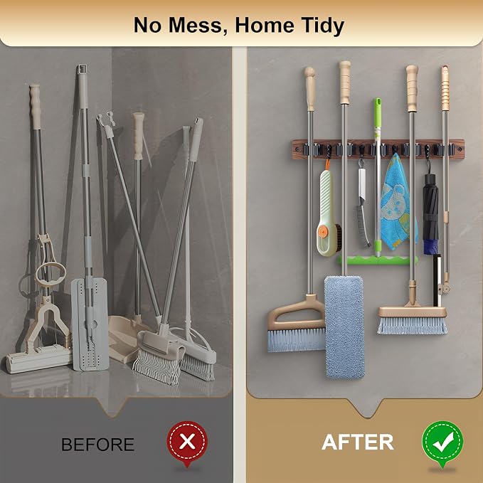 Broom Holder Wall Mount With 5 Slots & 4 Hooks，Rustic Wood Broom & Mop - Image 6