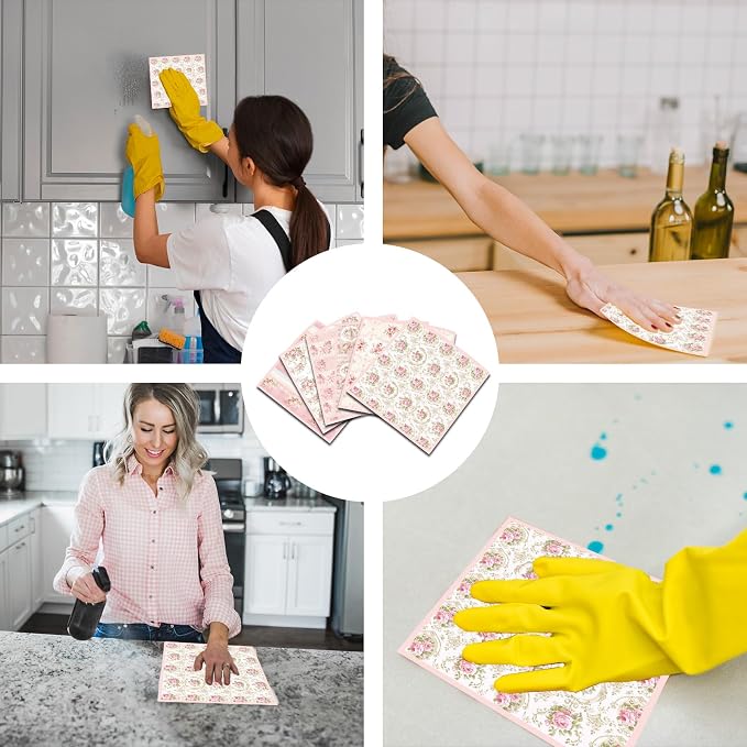 Pink Floral Swedish Dishcloths for Kitchen, 6 Pack Reusable Flower Swedish Dish - Image 4