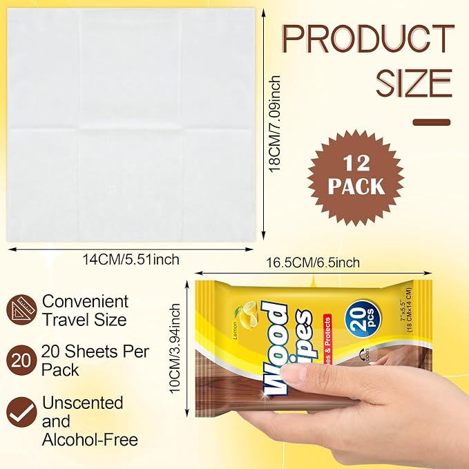 12 Pcs Care Wood Surfaces Wipes 240 Count Furniture Polish Cleaner Shines and - Image 2
