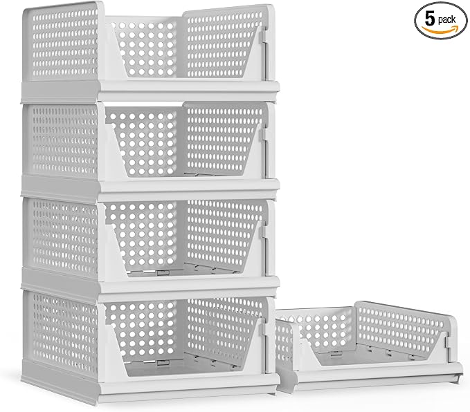 Proarea 5 Pack Stackable Plastic Storage Basket Closet Organizer Bin Foldable by Proarea