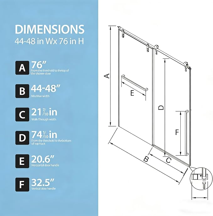 Frameless Shower Door, 44-48" W x 76" H 5/16" 8mm Glass Sliding Shower Doors - Image 8