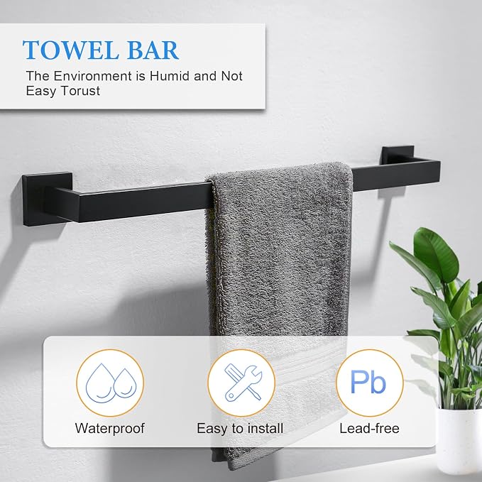 TNOMS 6-Piece Black Bathroom Hardware Set 23.6 Inch Towel Bar Set Double Towel - Image 2