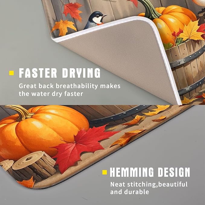 Fall Dish Drying Mat for Kitchen Counter 16x18 Autumn Pumpkin Birds Harvest - Image 3