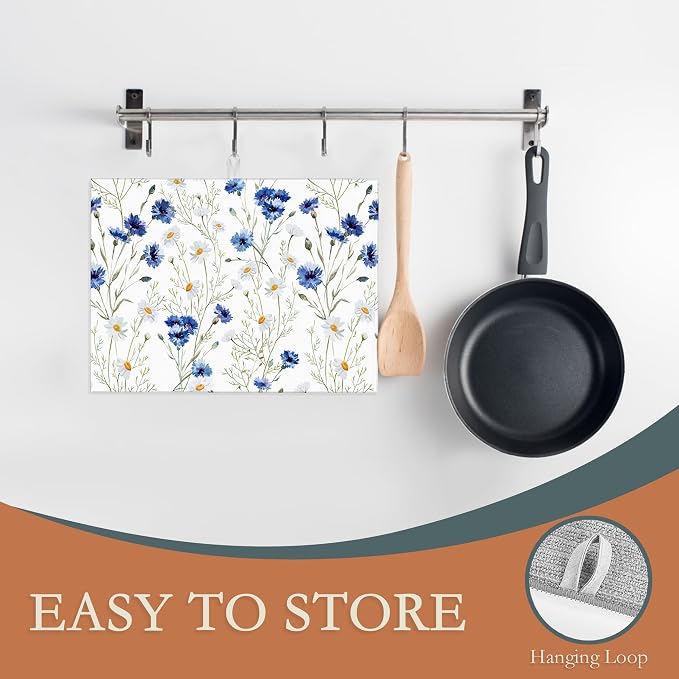 Wildflowers Dish Drying Mat, Watercolor Poppy Cornflower Drying Rack Pad - Image 3
